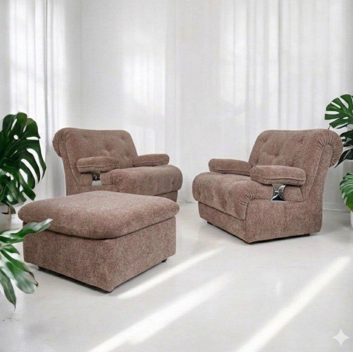Setprijs! Vintage 2x fauteuil 1 ottoman modulaire 2-zit bank, Huis en Inrichting, Ophalen, Zo goed als nieuw, Stof, Ligne Roset, lounge stoelen, jaren 60 80 zetel