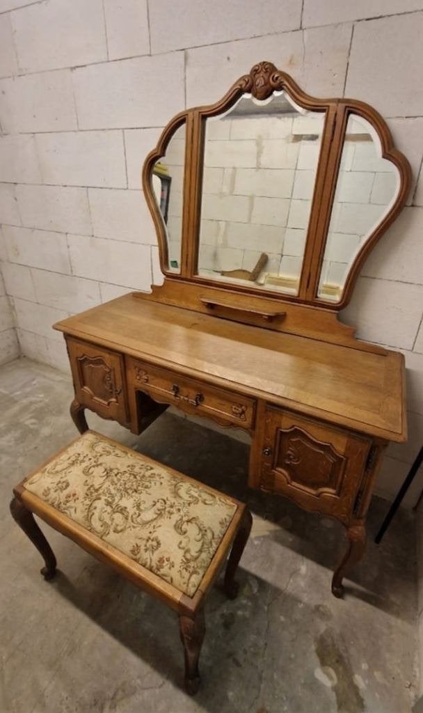 Coiffeuse en chêne avec miroir et tabouret | Projet Upcycle, Enlèvement, Utilisé