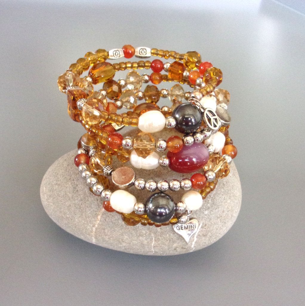 Oranje en gele armband meerdere rijen met carneool, agaat, Staal, Nieuw, Oranje, Ophalen of Verzenden