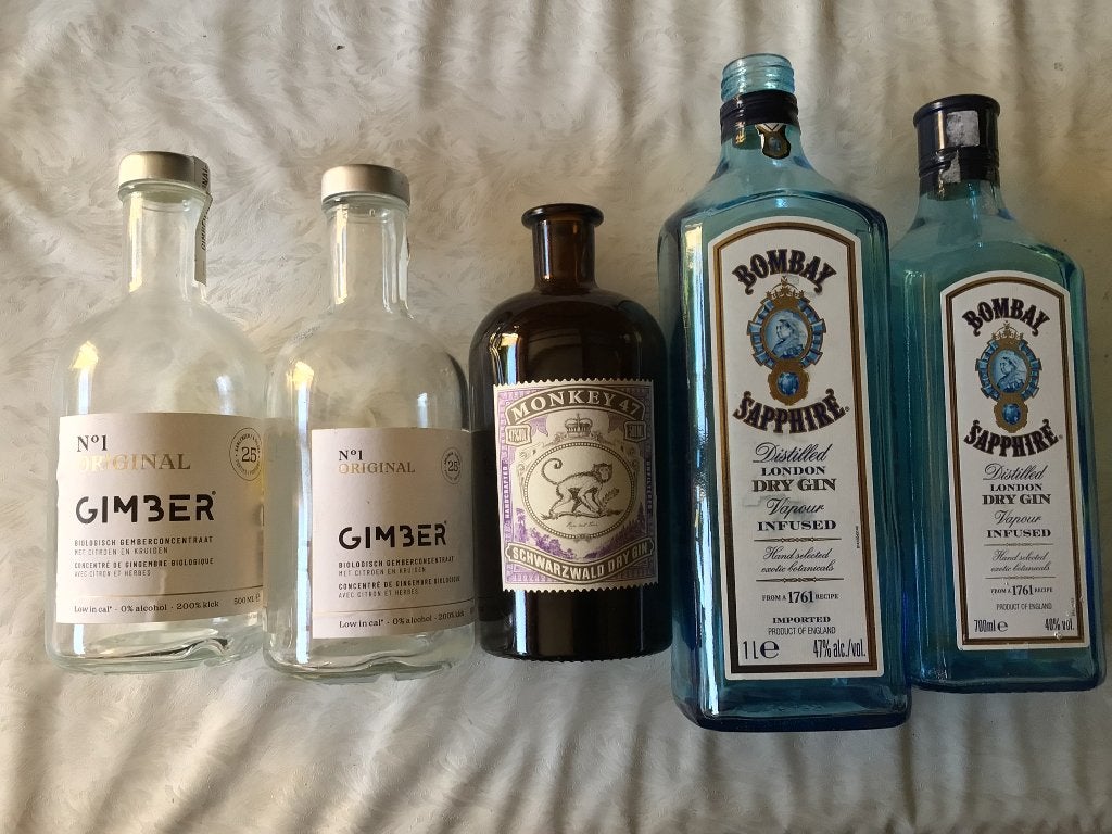 Bouteilles de gin vides Monkey47,Bombay,Gimber,Blue D'Argent, Enlèvement ou Envoi