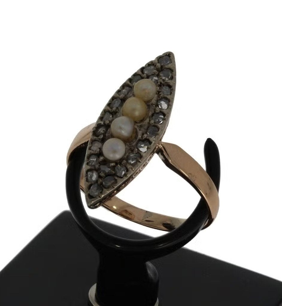 14k gouden antieke diamanten ring parel briljant uniek, Ophalen of Verzenden, Ring, Met edelsteen
