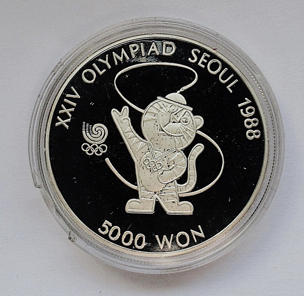 South Korea 5000 won 1986 Tiger mascot, Verzenden, Zilver