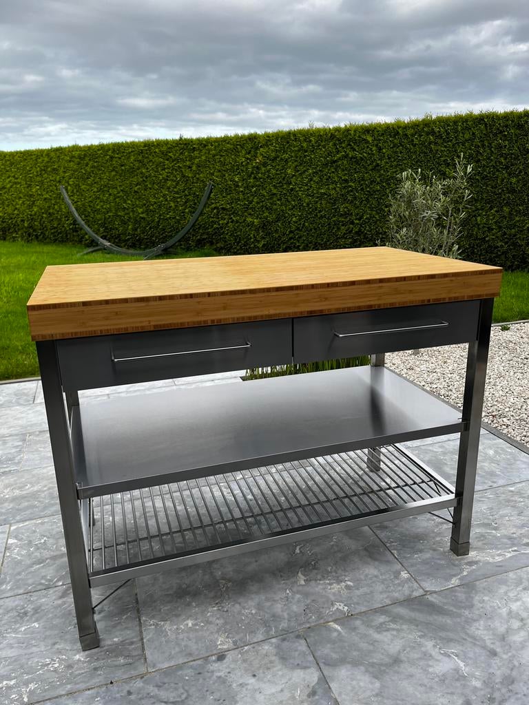 Keukentafel-werkbank in roestvrij staal/bamboe, Tuin en Terras, Ophalen, Zo goed als nieuw