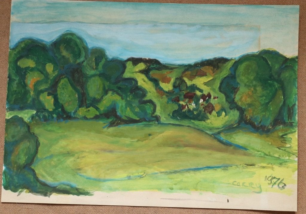 Gouache heuvellandschap - gesigneerd Carry, 1976, Antiek en Kunst, Papier/karton, Gesigneerd, Gouache, Landschap