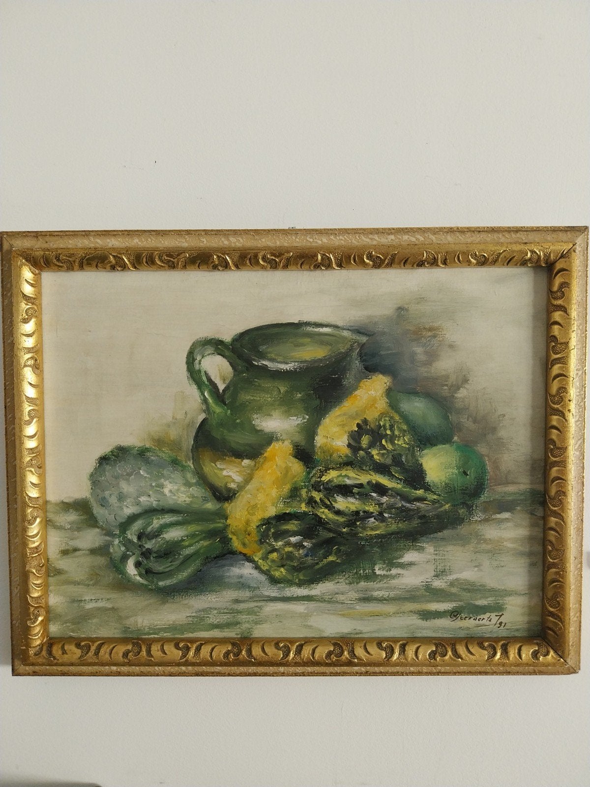 Stilleven kan met fruit in rustige kleuren, gesigneerd, Ophalen of Verzenden, Gesigneerd, Stilleven, Doek