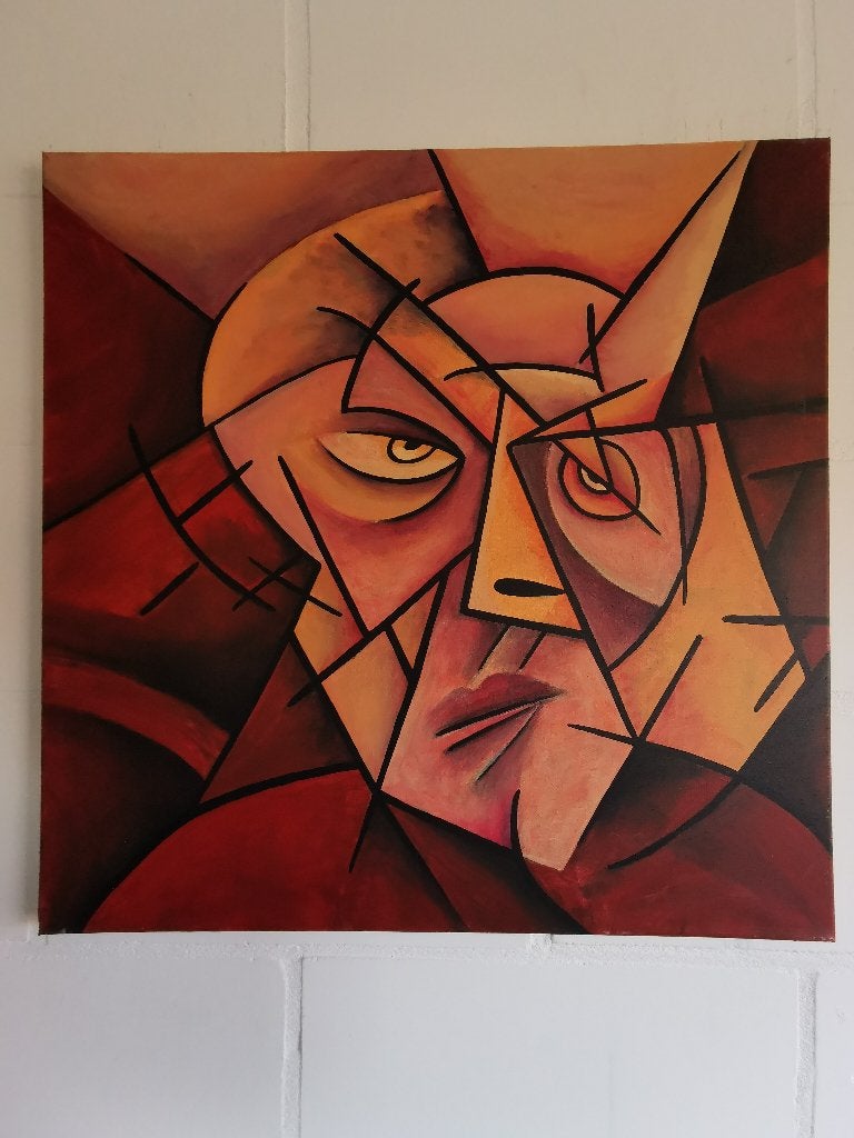 kubistisch portret, Antiek en Kunst, Ophalen, Gesigneerd, Acrylverf, Portret
