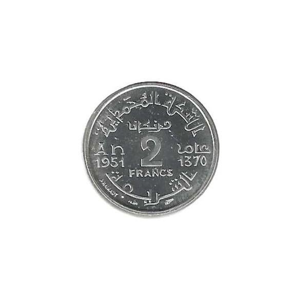 Marokko,  2 Francs AH1370(1951)., Ophalen of Verzenden, Overige landen, Losse munt