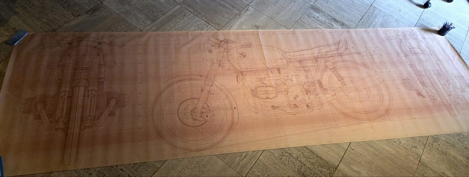 dessin technique bmw r100 r90 122x412cm, Antiquités & Art, Enlèvement ou Envoi, Dessin
