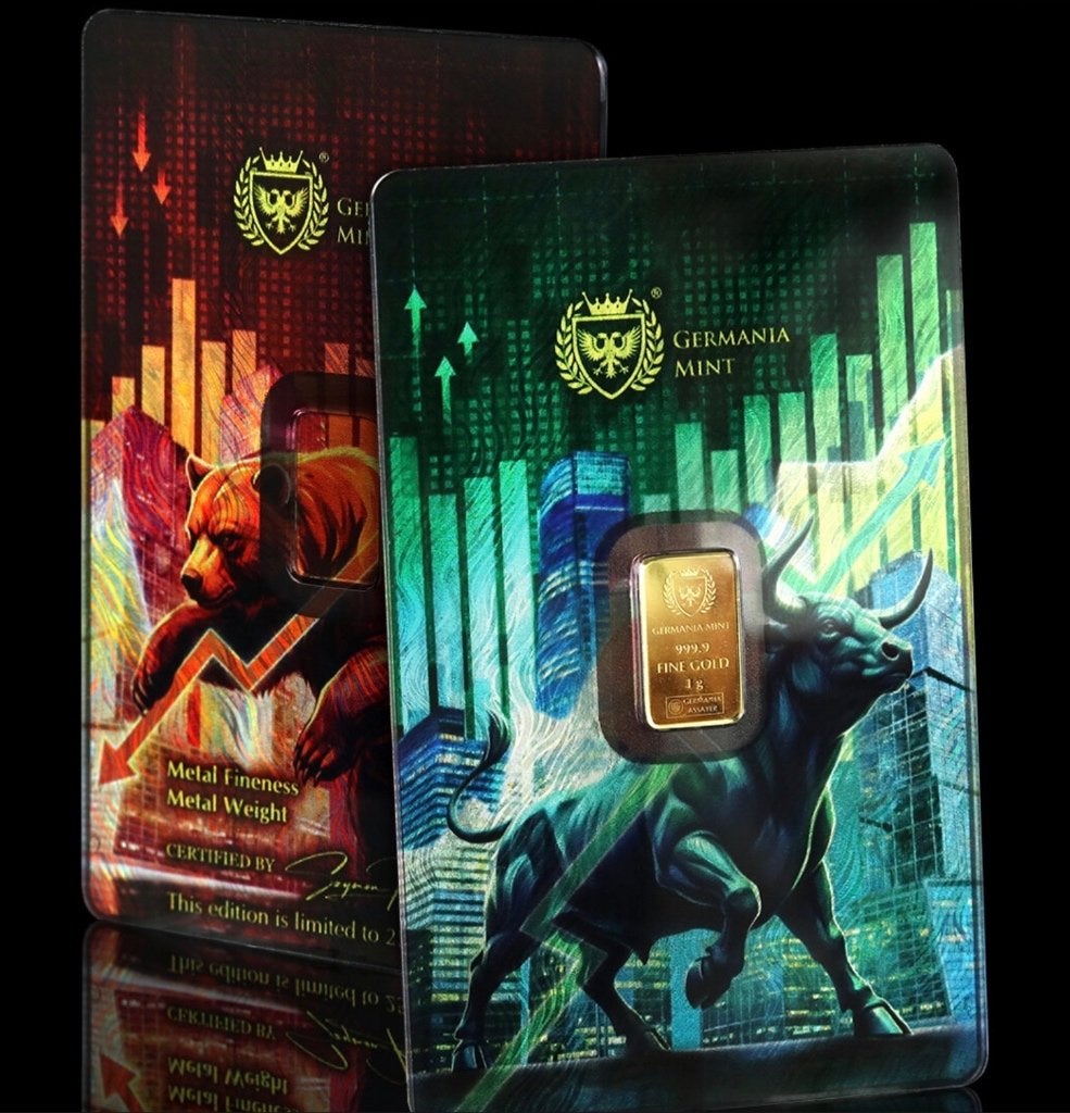 1g goudbaar 9999 Germania Mint « Bull vs Bear », Ophalen of Verzenden, Goud