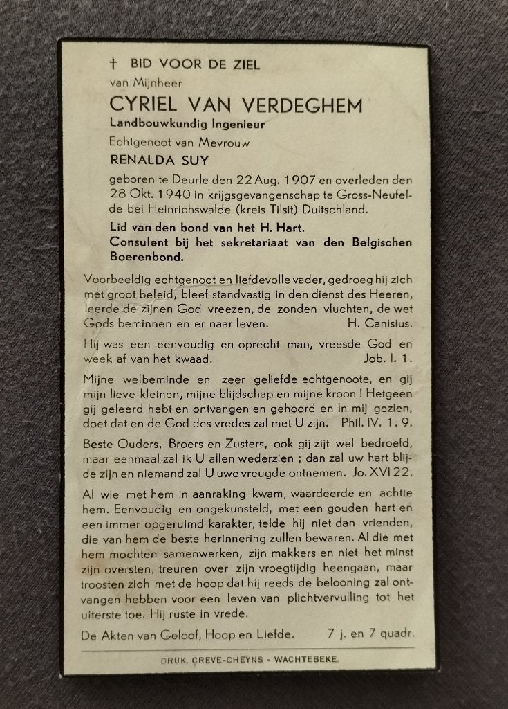 Slachtoffer WO II - soldaat Deurle - krijgsgevangene 1940, Verzamelen, Bidprentjes en Rouwkaarten, Verzenden, Bidprentje