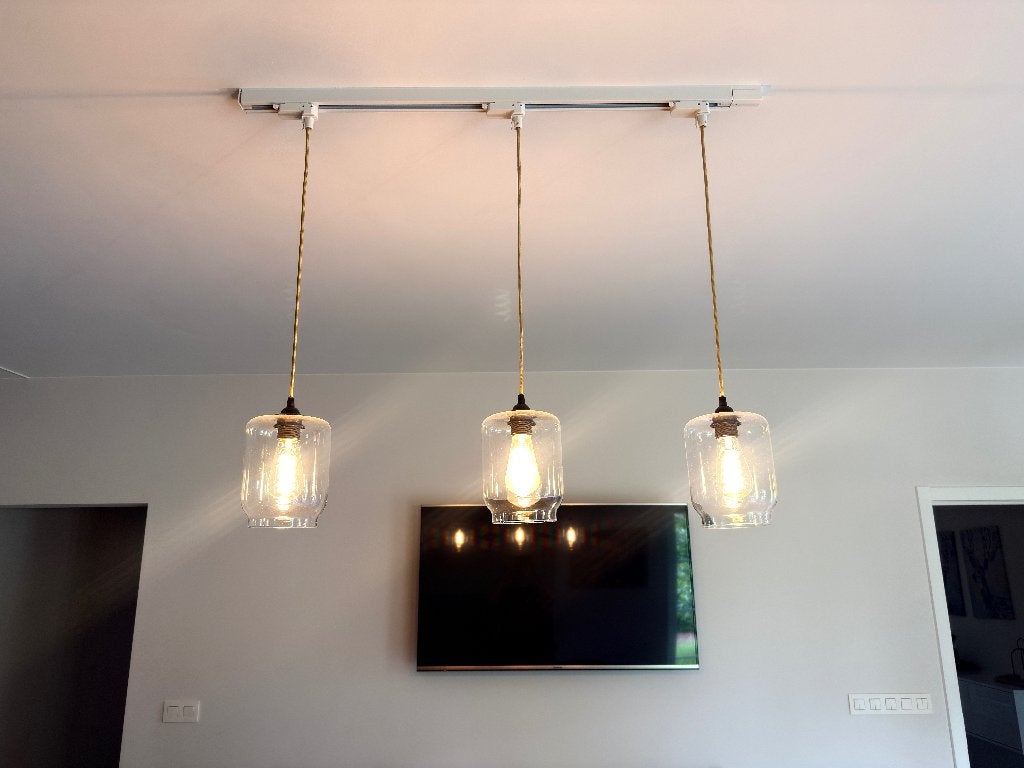 Railverlichting met 3 glazen hanglampen + lampen incl., Huis en Inrichting, Ophalen, Gebruikt, Glas