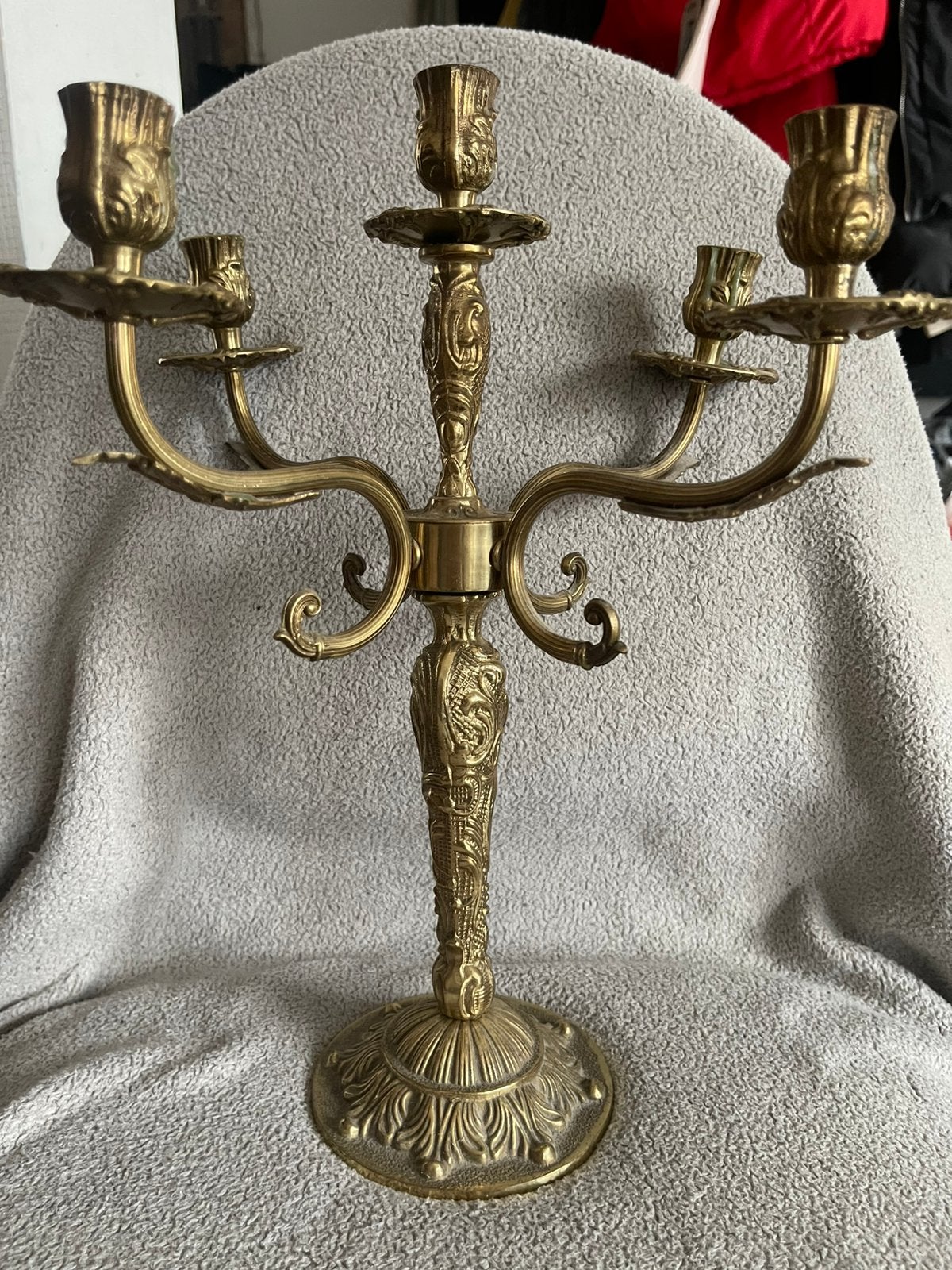 Vintage 5-armige messing kandelaar – 38 cm, Antiek en Kunst, Ophalen