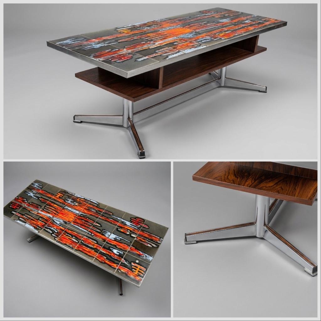 Table basse Vintage – Céramique, bois & Chrome – Style Adri, Space Age, Brutaliste, Modernistes, Adri,, Comme neuf, Enlèvement