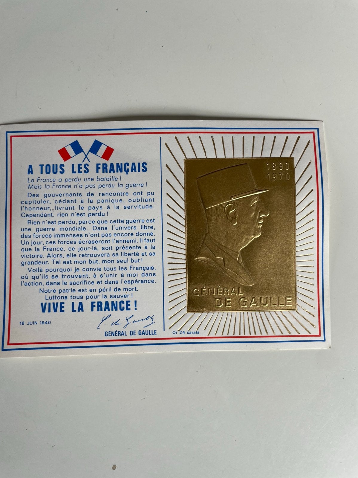 Herdenkingskaart van generaal De Gaulle, Ophalen of Verzenden