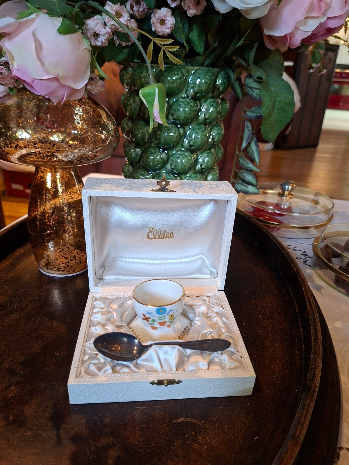 Limoges eierdopje met gouden rand en zilveren lepeltje, Antiek en Kunst, Ophalen of Verzenden