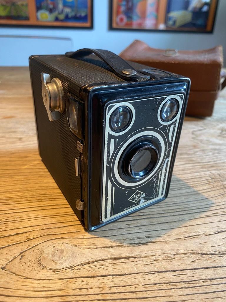 vintage camera model Agfa Box in leren tas, Ophalen of Verzenden, Gebruikt, Overige Merken