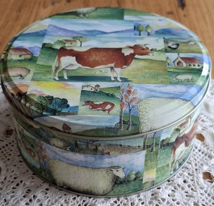 Blik met koeien, kippen, schapen, boerderijdieren, Ophalen of Verzenden, Gebruikt, Koek(jes), Overige merken