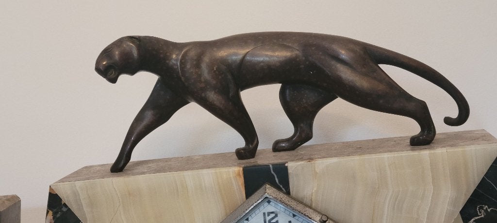 Michel DECOUX, Horloge en marbre portor&onyx, Art déco 1930, Antiquités & Art, Enlèvement ou Envoi
