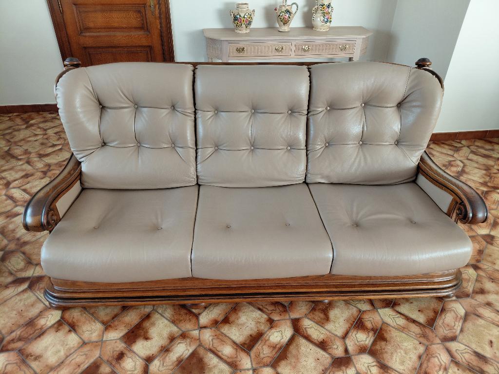 Lederen salon (3-zit en 2x 1-zit) + massief eiken salontafel, Huis en Inrichting, Ophalen, Gebruikt, Rechte bank, Leer