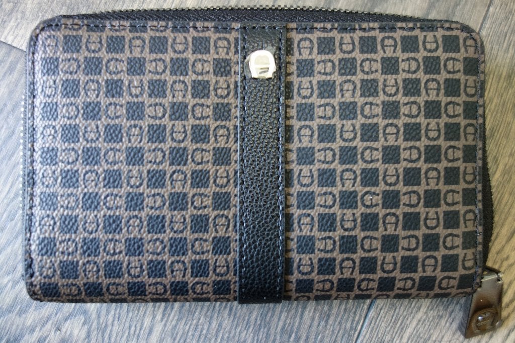 Portefeuille toile enduite et cuir noir/brun "AIGNER", Verzenden, Nieuw, Zwart, Leder