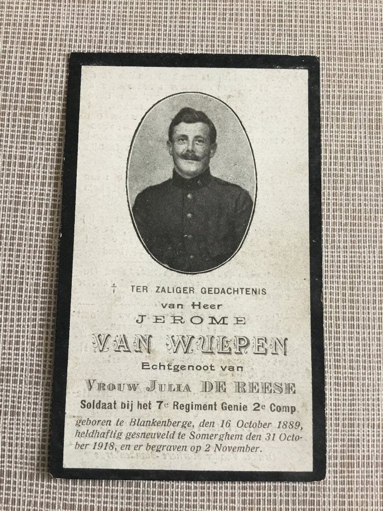 Le soldat J.Van Wulpen Blankenberge a tué Zomergem 1918, Enlèvement ou Envoi, Image pieuse