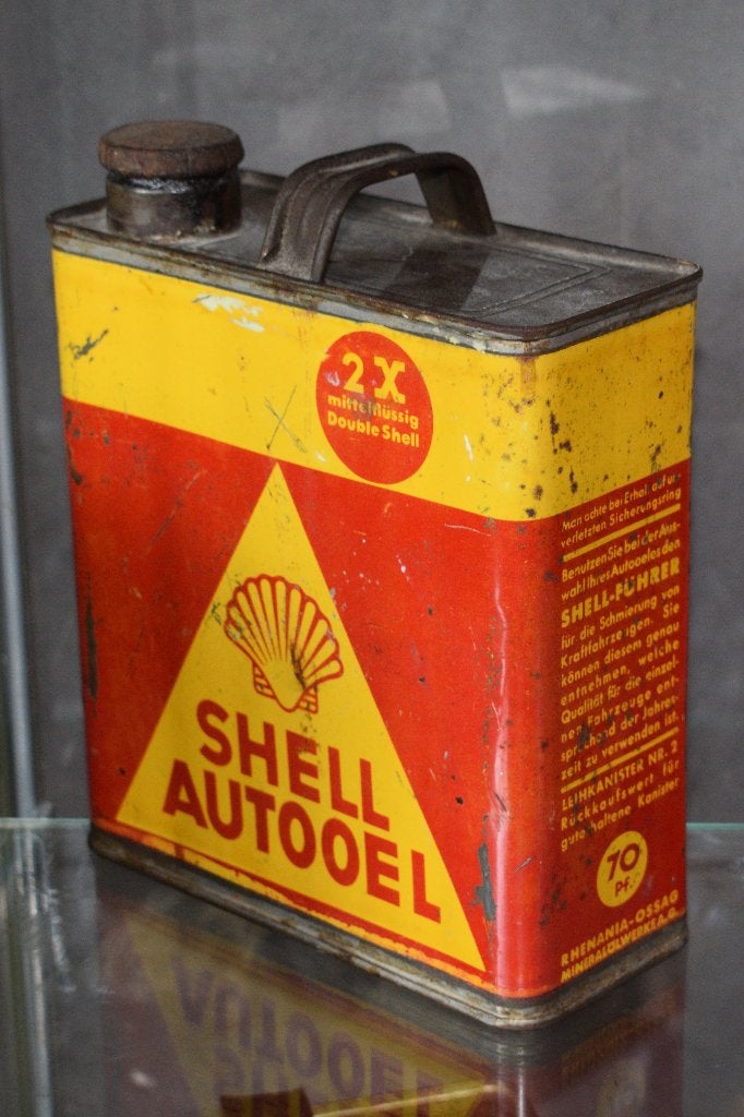Zeldzame Autooel Shell olie blik uit 1930, Ophalen of Verzenden, Gebruikt, Reclamebord