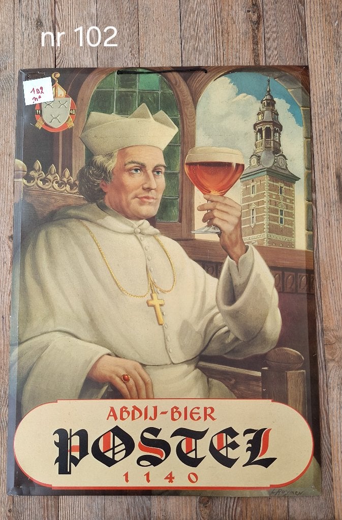 reclame bord Abdijbier Postel (nr102), Collections, Marques de bière, Enlèvement, Utilisé, Panneau, Plaque ou Plaquette publicitaire