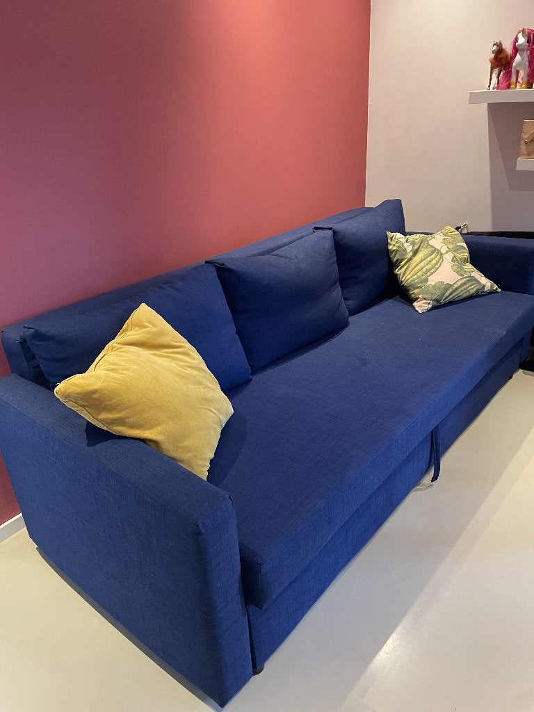 Slaapbank Ikea Friheten blauw, Huis en Inrichting, Slaapkamer | Slaapbanken, Ophalen, Blauw, Tweepersoons, Zo goed als nieuw