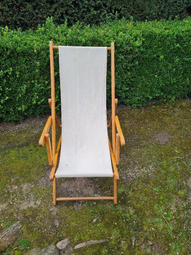 Vintage houten strandstoel voor kind / met ecru canvas, Verzamelen, Ophalen of Verzenden