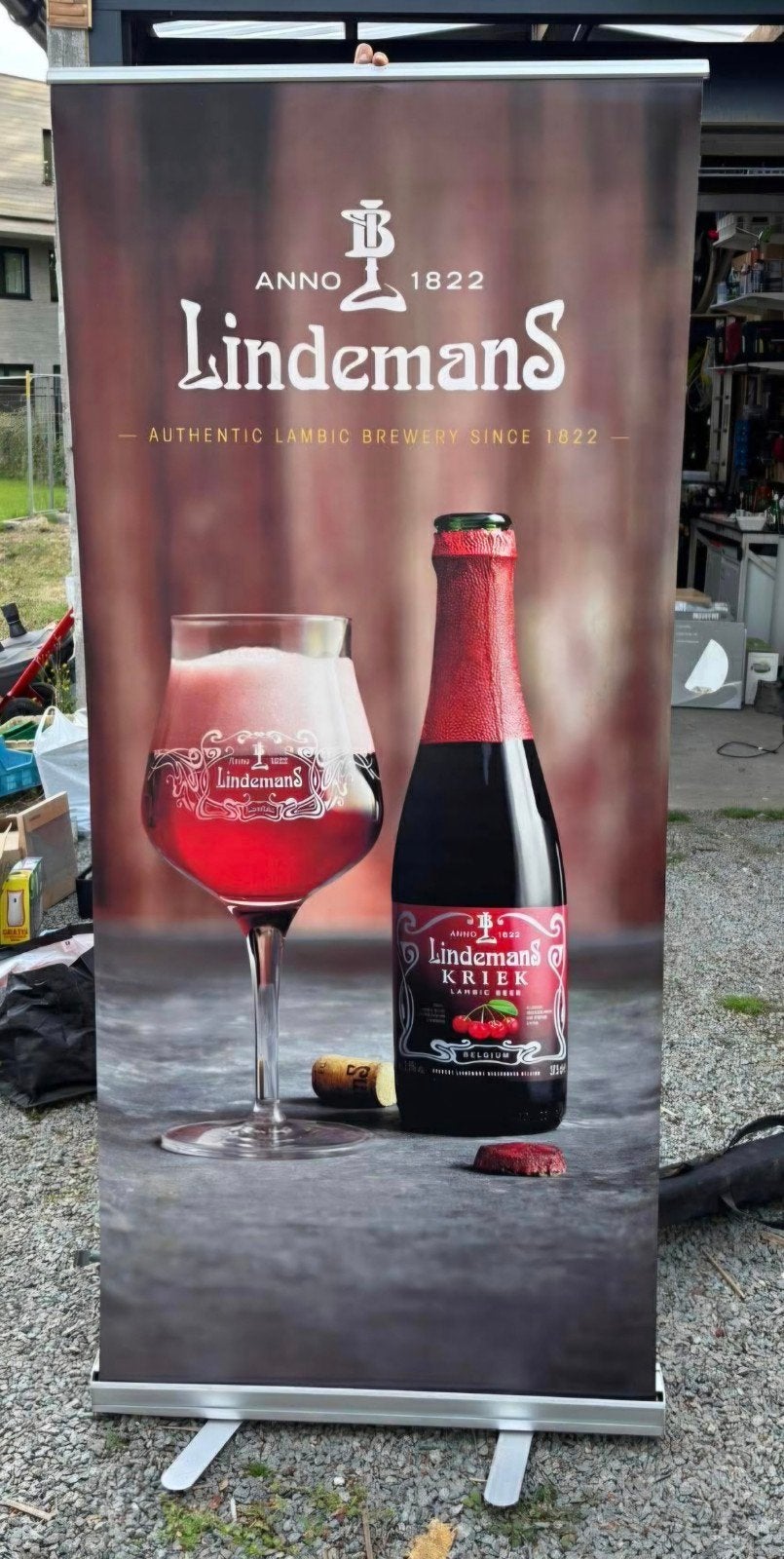 Lindemans Kriek Roll-up banner, Enlèvement, Comme neuf, Panneau, Plaque ou Plaquette publicitaire, Autres marques