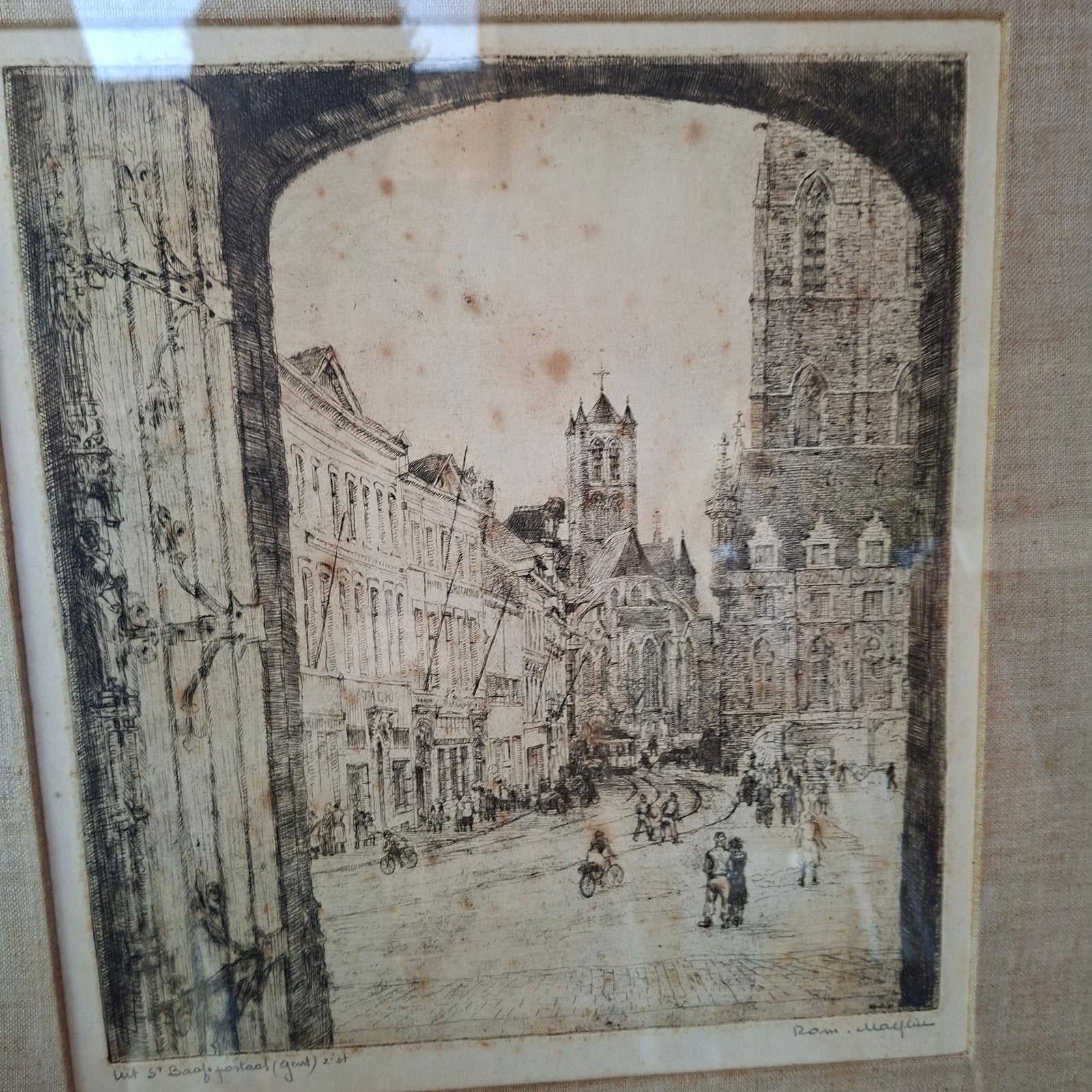 Place Saint-Baafsplein Rom.Malfliet, Antiquités & Art, Eau-forte, Vie quotidienne, Signé, 1900 - 1949