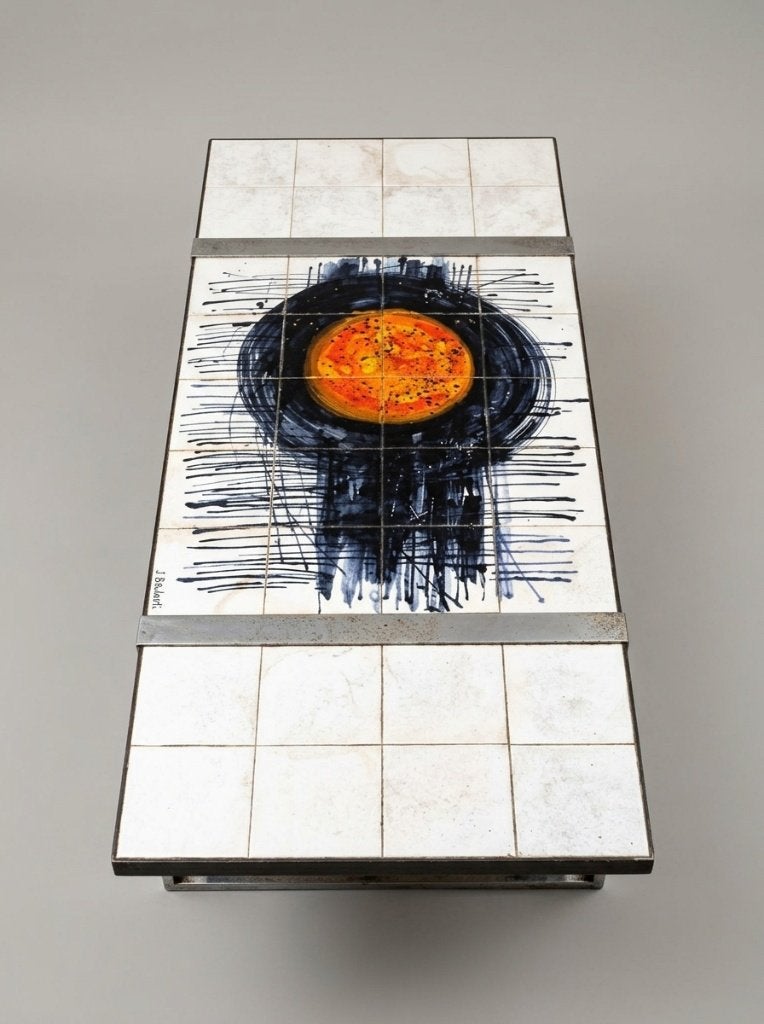 Originele Vintage J. Belarti Salontafel – Keramiek & Chroom, Ophalen, Gebruikt, 100 tot 150 cm, 50 tot 100 cm