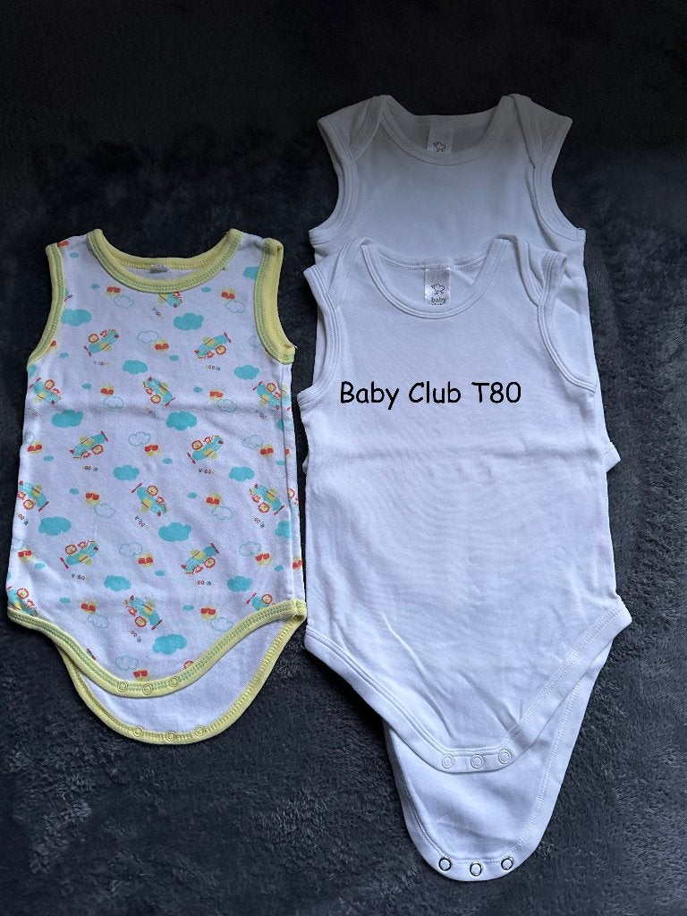 Baby Club 2 witte rompertjes + 1 gele en witte romper T80, Gebruikt, Jongetje of Meisje, Ophalen of Verzenden, Baby club