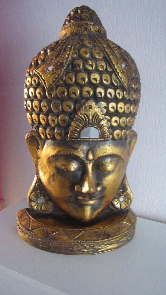 TETE DE BOUDDHA SCULTE EN BOIS 56 CM DE HAUT FAIT MAIN, Maison & Meubles, Enlèvement, Comme neuf