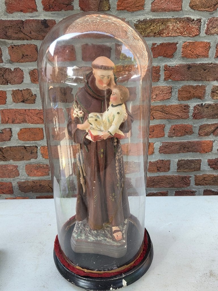 Antiek religieus beeld Sint-Antonius met Kind glazen stolp, Enlèvement