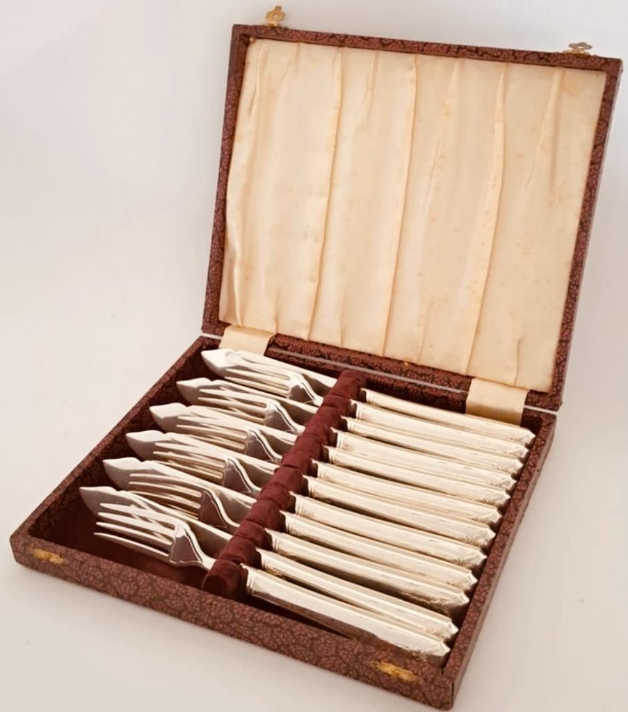 Service 12 couverts à poisson Maillechort Art déco 1928/32., Enlèvement ou Envoi, Argent