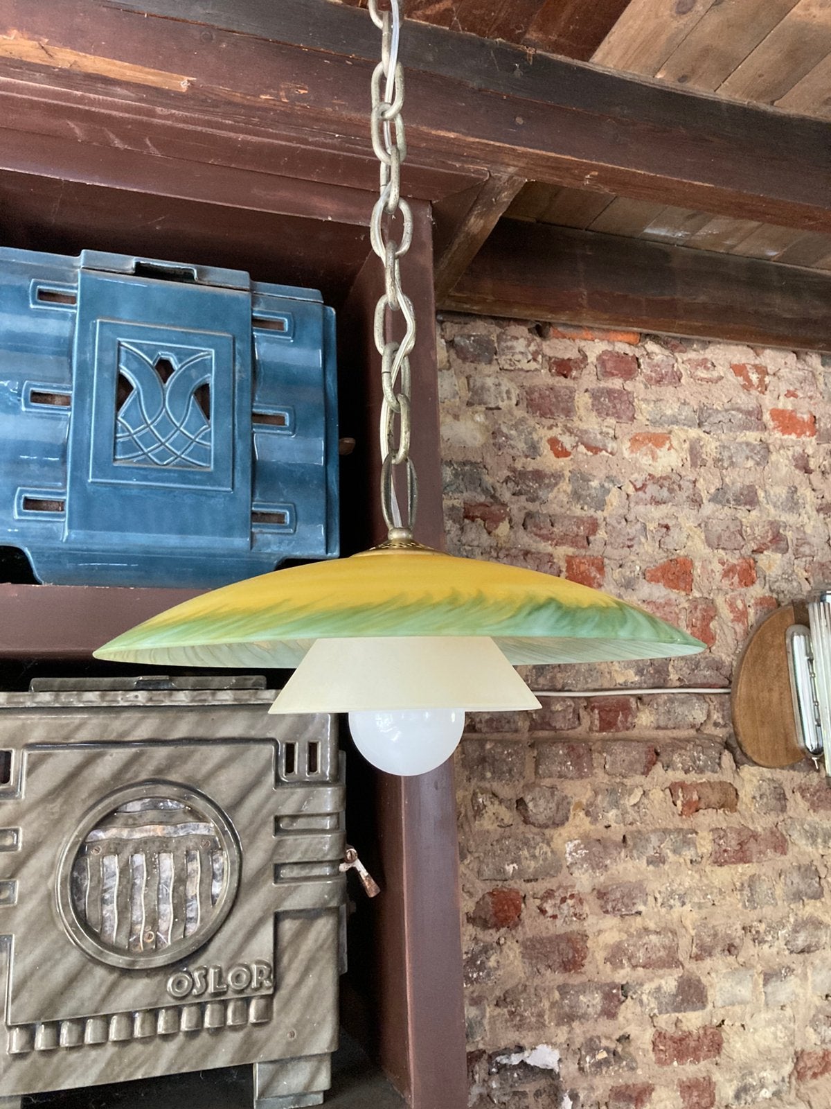 plafonnier recyclé 40 cm, Maison & Meubles, Enlèvement ou Envoi, Utilisé, Verre, E27 (grand)