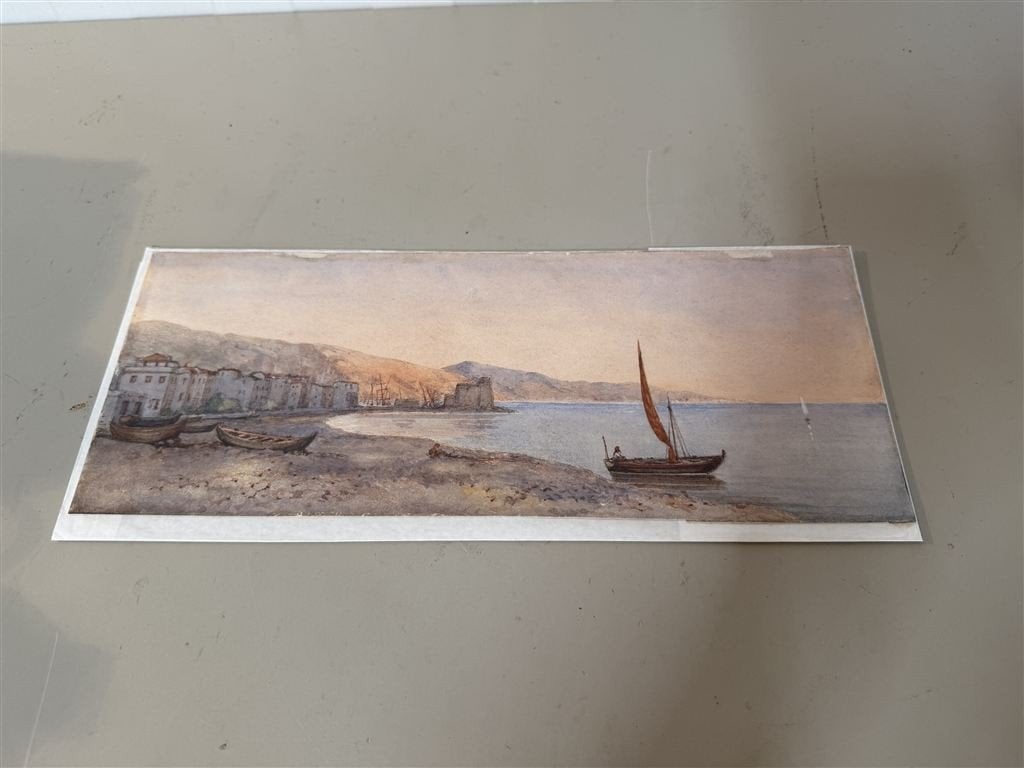 Antiek Aquarel Landschap - Zuid-Europese Kustlijn - 19e Eeuw, Antiek en Kunst, Ophalen of Verzenden, Aquarel, Landschap