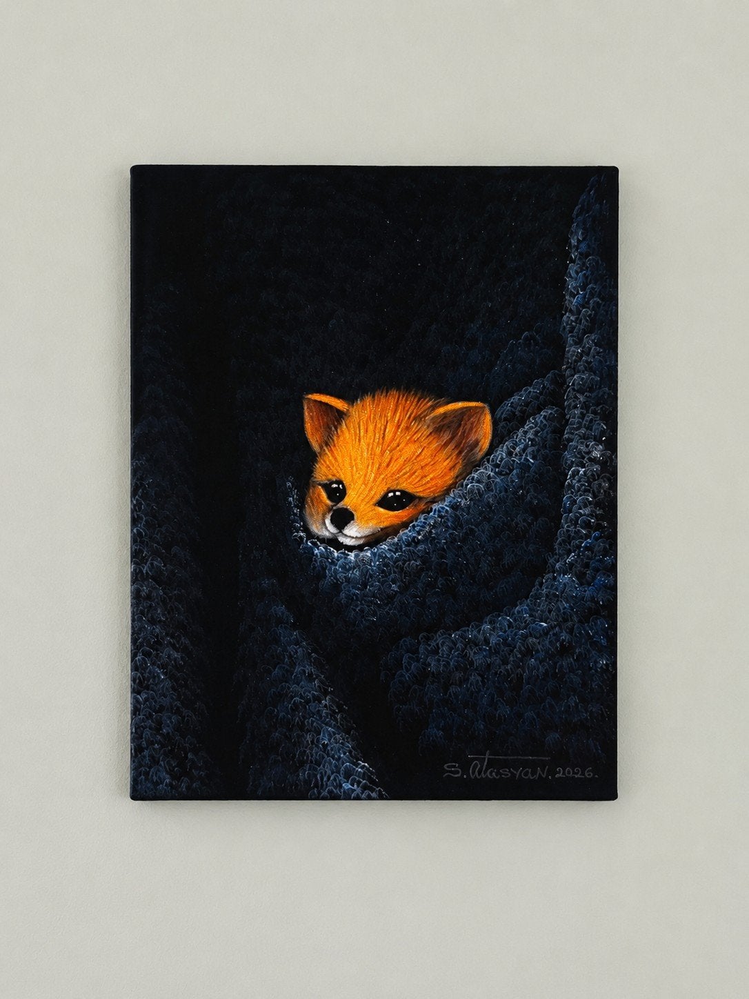 Schilderij verscholen vos in blauwe deken, Enlèvement, Peinture
