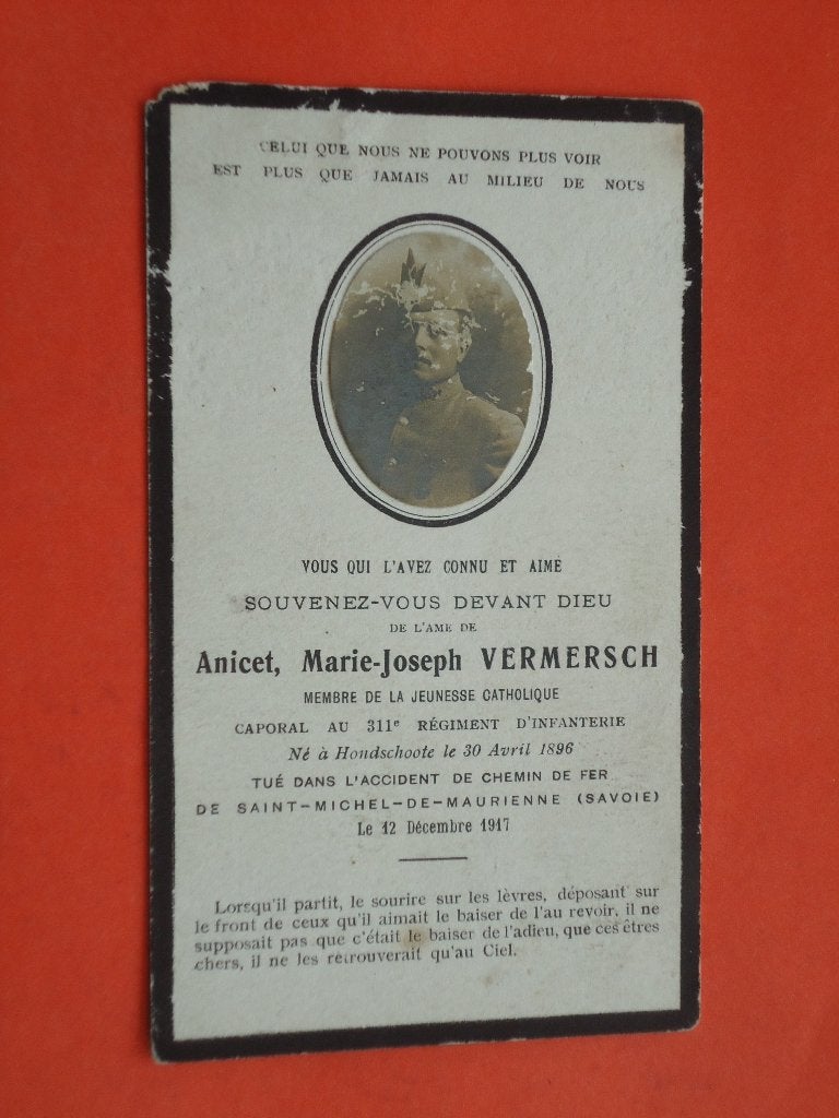 Morts pour la patrie  Vemeersch Né Hondschoote 1896 - 1917, Verzamelen, Ophalen of Verzenden, Bidprentje