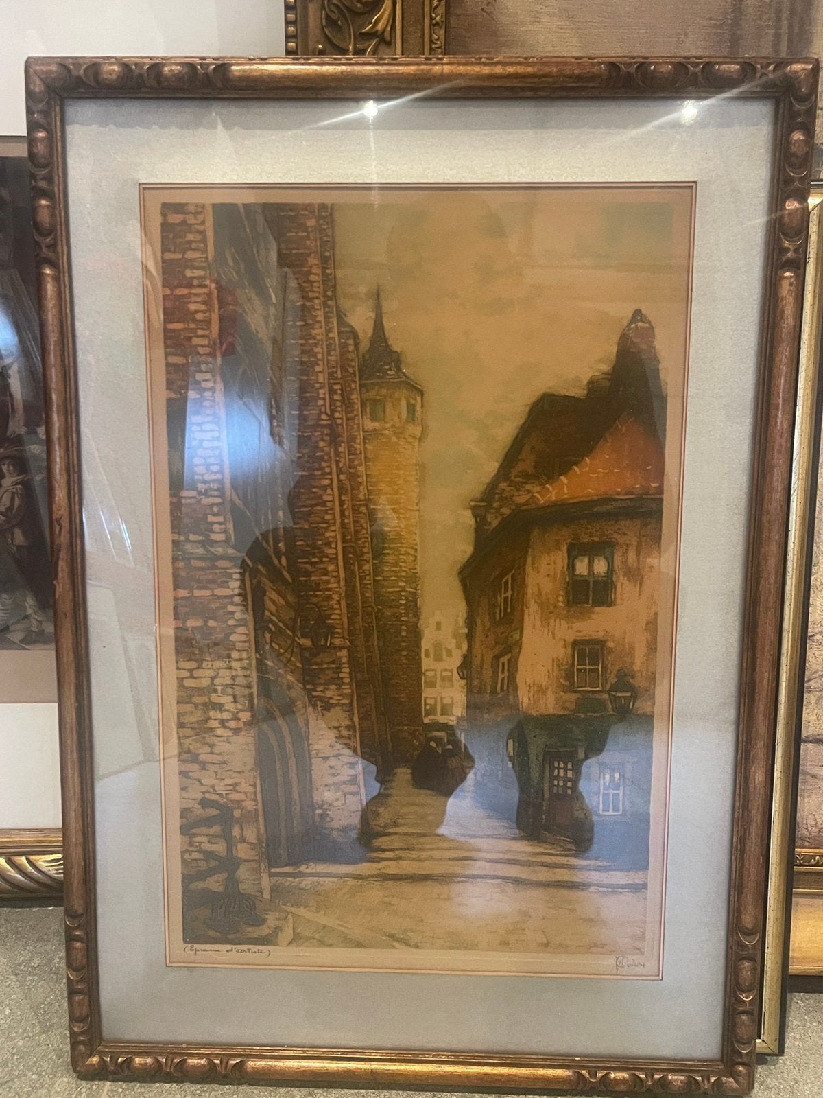 Belle œuvre d'art vintage vue sur la vieille rue européenne, Enlèvement, Vintage, Encadré