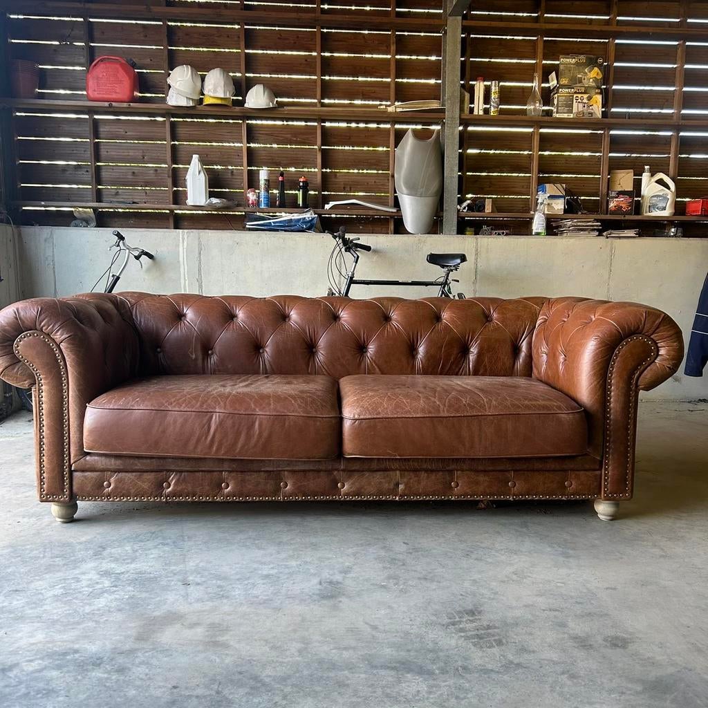 Chesterfield 3 zits - bruin leer - vintage look, Trois personnes, 200 à 250 cm, Enlèvement, Utilisé