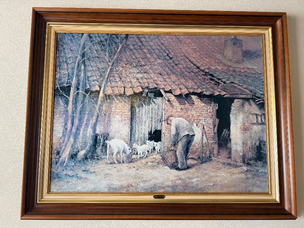 Peinture « Ferme avec chèvres » de Leon Engelen, Enlèvement, Animaux, Toile, Encadré