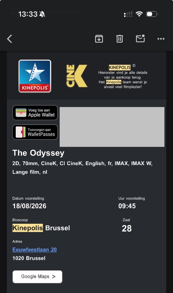 Ticket IMAX Odyssey Kinepolis 18.08.26, Tickets en Kaartjes, Eén persoon, Actie of Avontuur, Bestemd voor IMAX, Vrijkaartje specifieke film