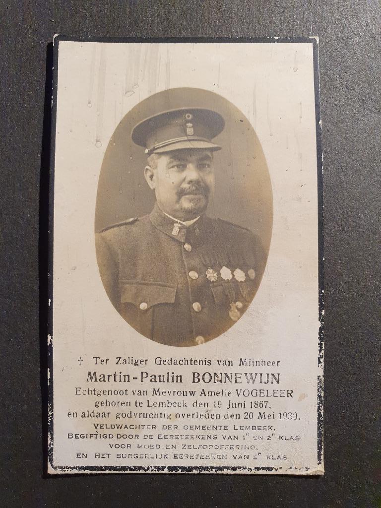 Doodsprentje Bonnewijn Veldwachter Lembeek (x Vogeleer ), Verzamelen, Ophalen of Verzenden, Rouwkaart