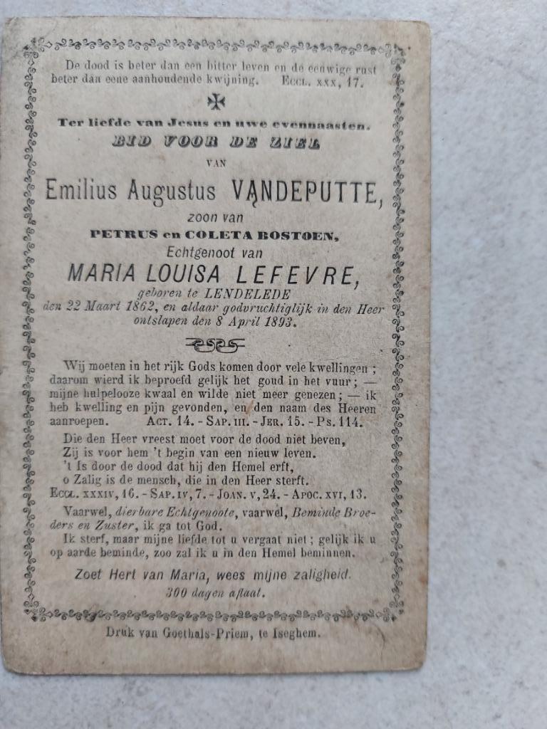 oud doodsprentje Lendelede 1893, Verzamelen, Bidprentjes en Rouwkaarten, Verzenden
