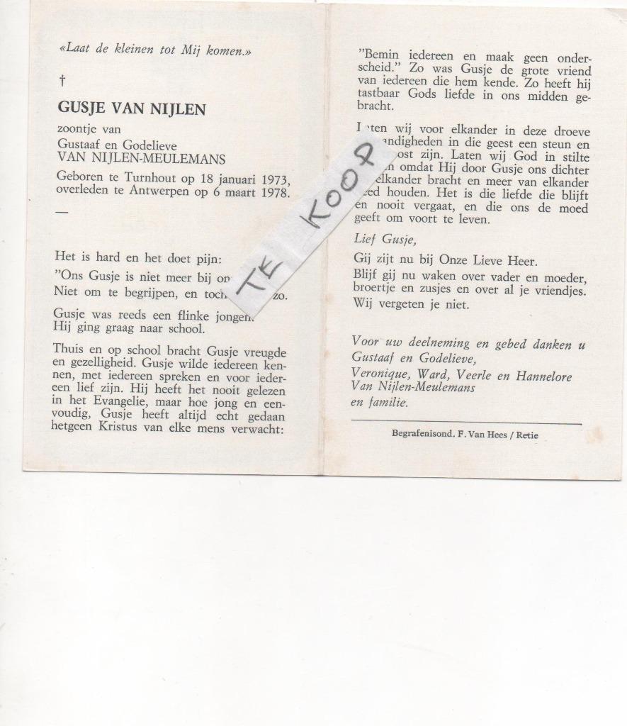 overleden kind gusje van nijlen, Verzamelen, Bidprentjes en Rouwkaarten, Verzenden, Bidprentje