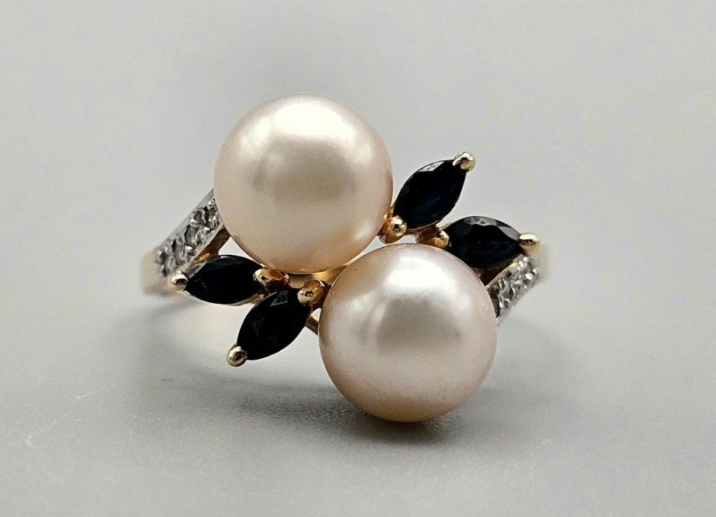 Bague vintage en or avec perle, saphir et diamant. 2024/455, Enlèvement ou Envoi, Comme neuf, Or, 17 à 18