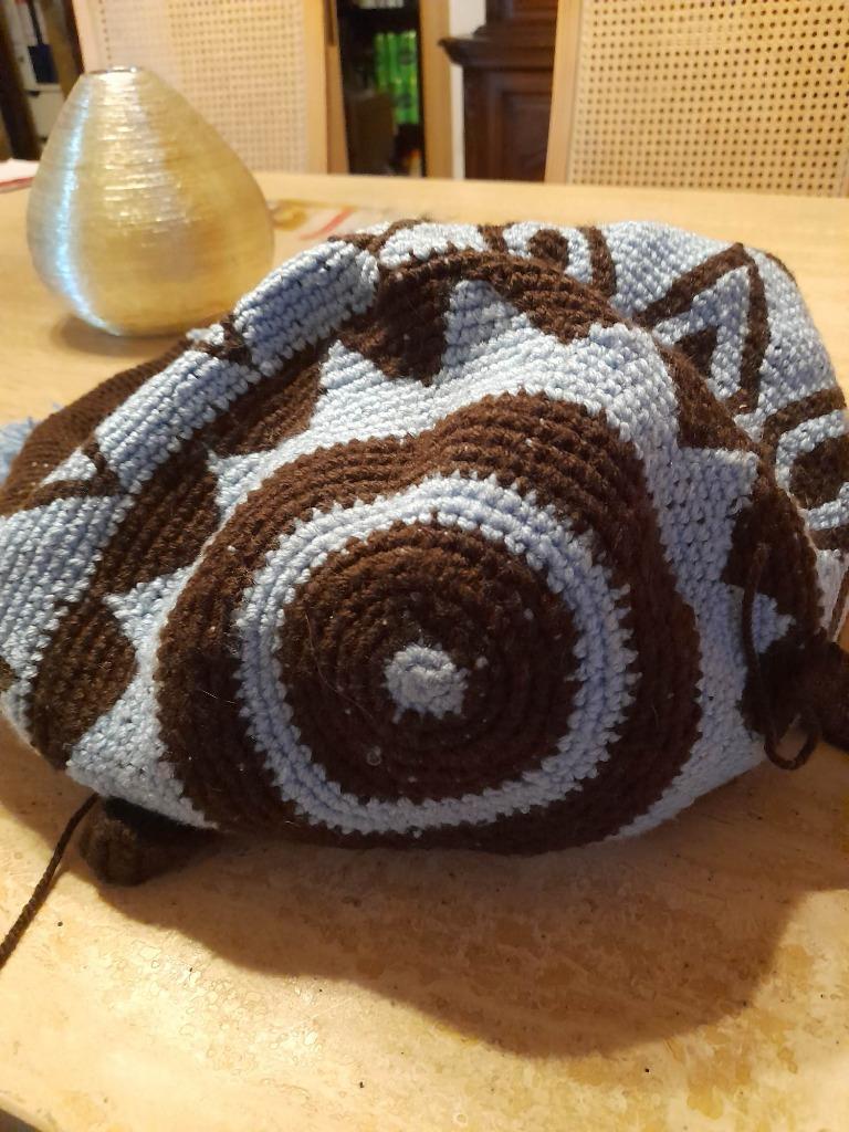 Door mijn vrouw zelf gebreide rugzak in bleekblauw en bruin, Ophalen of Verzenden, Zo goed als nieuw, Bruin, Overige typen