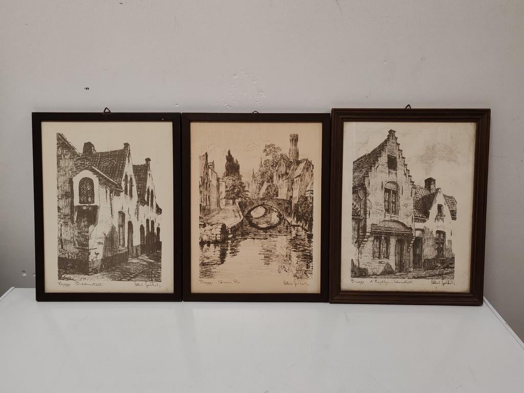 Set van 3 etsen Albert Goethals plekjes in brugge, Antiek en Kunst, Ophalen